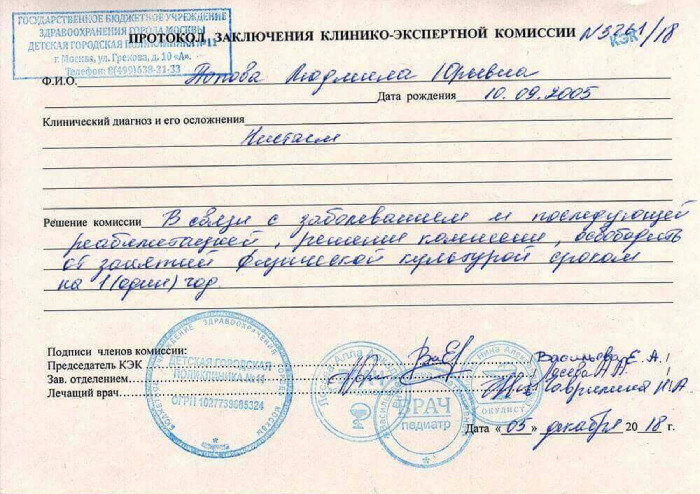 Справка освобождение от физкультуры в Спб